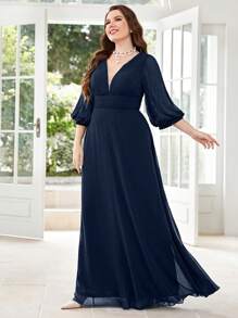 UNITHORSE 大碼燈籠袖深V領雪紡伴娘連衣裙