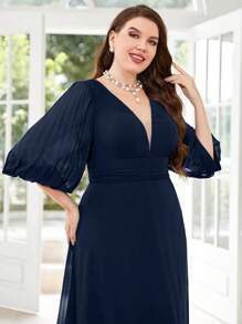 UNITHORSE 大碼燈籠袖深V領雪紡伴娘連衣裙