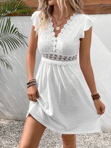 SHEIN Frenchy Swiss Dot Guipure Lace Panel Butterfly Sleeve A Line Dress - White - View 4