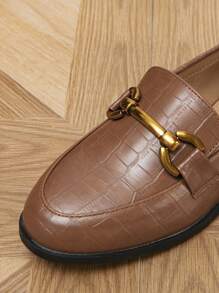 2025秋季新款女士鳄鱼纹金属装饰平底乐福鞋，优雅平底鞋 - 棕色 - 查看 5