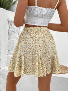 SHEIN Frenchy Falda con estampado floral bajo con fruncido - Amarillo - Ver 2