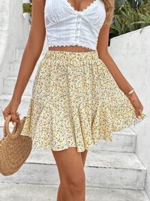 SHEIN Frenchy Falda con estampado floral bajo con fruncido - Amarillo - Ver 6