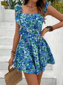 SHEIN Frenchy Women Bow Backless Back Tie Leaf Edge Vacation Printed Red Summer Shorts Jumpsuit.