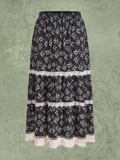 Ditsy Floral Contrast Lace Ruffle Hem Skirt