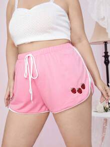 ROMWE Kawaii Plus Strawberry Print Contrast Binding Drawstring Waist Shorts - Baby Pink - View 1