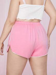 ROMWE Kawaii Plus Strawberry Print Contrast Binding Drawstring Waist Shorts - Baby Pink - View 2