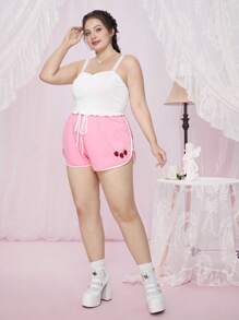 ROMWE Kawaii Plus Strawberry Print Contrast Binding Drawstring Waist Shorts - Baby Pink - View 3