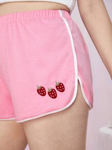 ROMWE Kawaii Plus Strawberry Print Contrast Binding Drawstring Waist Shorts - Baby Pink - View 6