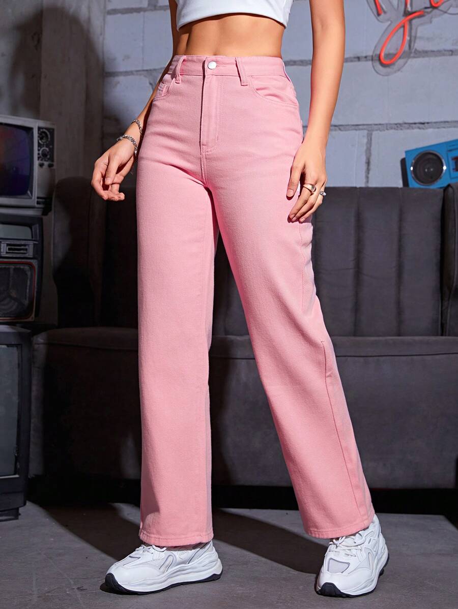 SHEIN PETITE 素色直筒牛仔褲 - 粉色 - 查看 1
