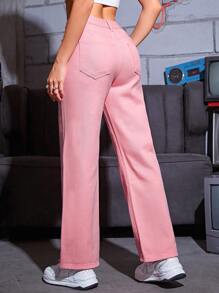SHEIN PETITE 素色直筒牛仔褲 - 粉色 - 查看 2