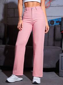 SHEIN PETITE 素色直筒牛仔褲 - 粉色 - 查看 3