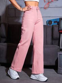 SHEIN PETITE 素色直筒牛仔褲 - 粉色 - 查看 5