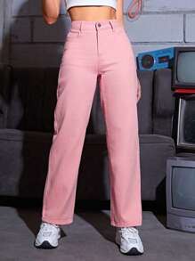 SHEIN PETITE 素色直筒牛仔褲 - 粉色 - 查看 6