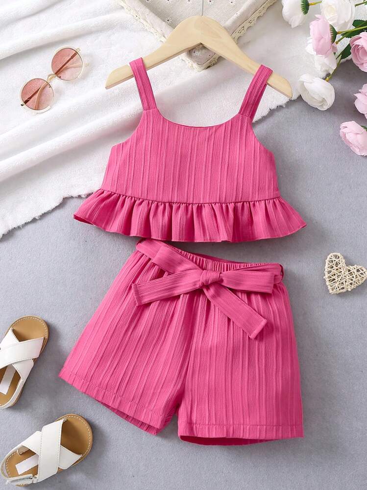 SHEIN Petite Fille Short & Top À Fines Brides À Volants - Rose vif - Voir 1