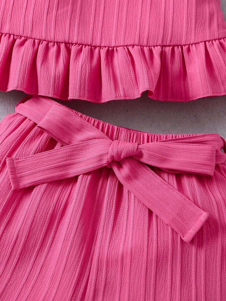 SHEIN Petite Fille Short & Top À Fines Brides À Volants - Rose vif - Voir 3
