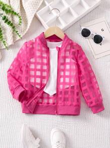 SHEIN Cô Gái Trẻ Kẻ sọc Lưới Dây kéo Áo khoác bomber Without Tee - Màu Hồng Tươi - Xem 1