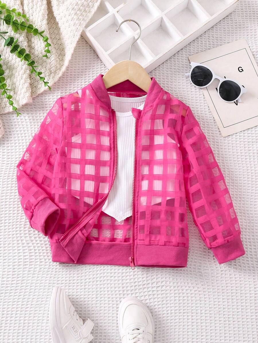 SHEIN Cô Gái Trẻ Kẻ sọc Lưới Dây kéo Áo khoác bomber Without Tee - Màu Hồng Tươi - Xem 1