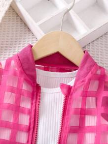 SHEIN Cô Gái Trẻ Kẻ sọc Lưới Dây kéo Áo khoác bomber Without Tee - Màu Hồng Tươi - Xem 6