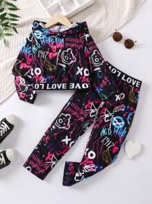 SHEIN 女小童字母圖案連帽衫和褲子 - 黑色 - 查看 1