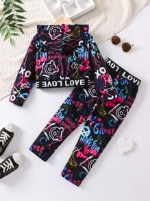 SHEIN 女小童字母圖案連帽衫和褲子 - 黑色 - 查看 2