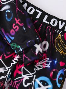 SHEIN 女小童字母圖案連帽衫和褲子 - 黑色 - 查看 3