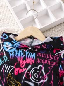 SHEIN 女小童字母圖案連帽衫和褲子 - 黑色 - 查看 4