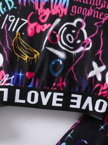 SHEIN 女小童字母圖案連帽衫和褲子 - 黑色 - 查看 5