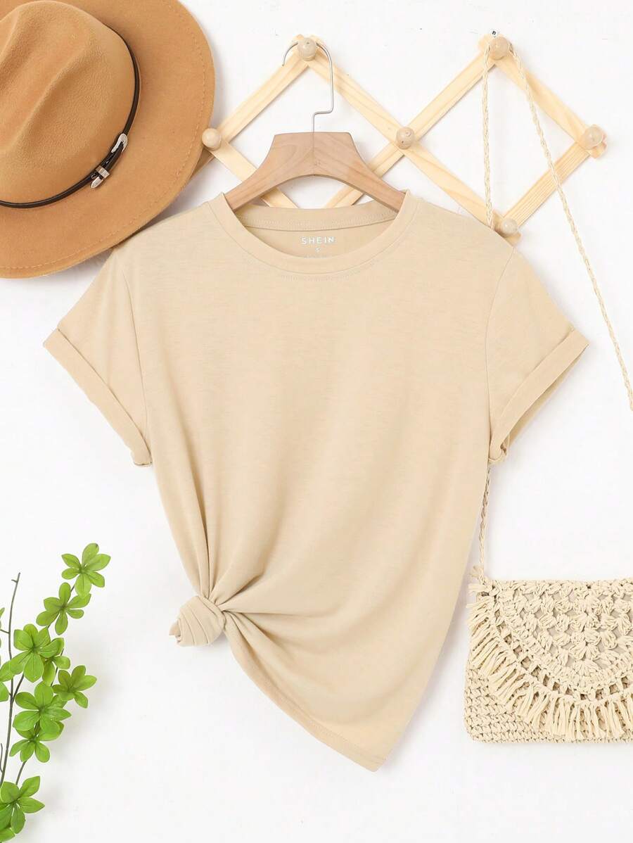 INAWLY Solid Round Neck Tee - Apricot - View 1