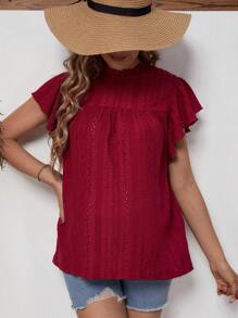 SHEIN Thai sản Lỗ gắn thêu áo tay bướm Cổ diềm Áo sơ mi - Màu Đỏ Sâu - Xem 3