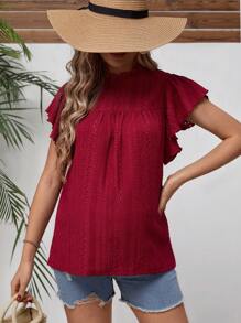 SHEIN Thai sản Lỗ gắn thêu áo tay bướm Cổ diềm Áo sơ mi - Màu Đỏ Sâu - Xem 1