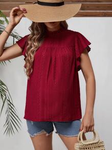 SHEIN Thai sản Lỗ gắn thêu áo tay bướm Cổ diềm Áo sơ mi - Màu Đỏ Sâu - Xem 5