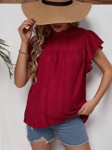 SHEIN Thai sản Lỗ gắn thêu áo tay bướm Cổ diềm Áo sơ mi - Màu Đỏ Sâu - Xem 6