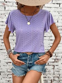 SHEIN LUNE Áo thun nữ Tranh thêu màu trơn Giải trí - Màu tím - Xem 4