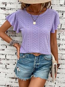 SHEIN LUNE Áo thun nữ Tranh thêu màu trơn Giải trí - Màu tím - Xem 1