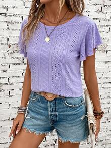 SHEIN LUNE Áo thun nữ Tranh thêu màu trơn Giải trí - Màu tím - Xem 6