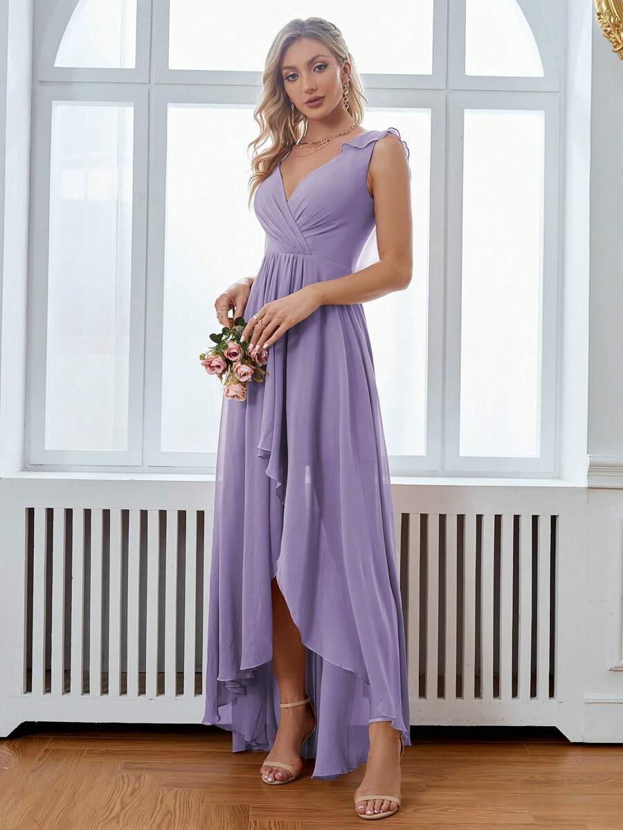 Asymmetrical Ruched Chiffon Elegant Bridesmaid Dress - Lilac Purple - View 1