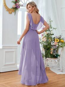 Asymmetrical Ruched Chiffon Elegant Bridesmaid Dress - Lilac Purple - View 2