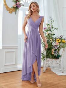 Asymmetrical Ruched Chiffon Elegant Bridesmaid Dress - Lilac Purple - View 4