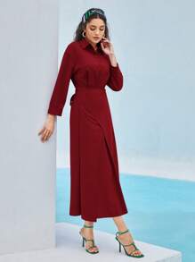 Mulvari 素色前紐扣圍裹後綁帶襯衫連衣裙 - 酒紅色 - 查看 3