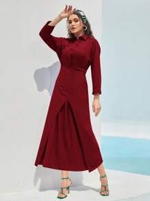 Mulvari 素色前紐扣圍裹後綁帶襯衫連衣裙 - 酒紅色 - 查看 5