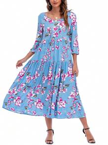 Vestido smock con estampado floral bajo con fruncido - Azul - Ver 1