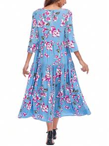 Vestido smock con estampado floral bajo con fruncido - Azul - Ver 2