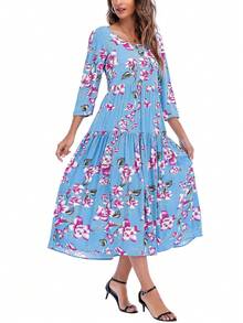 Vestido smock con estampado floral bajo con fruncido - Azul - Ver 3