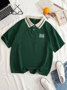 INAWLY Plus Letter Graphic Contrast Collar Polo Shirt, Summer