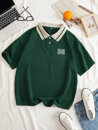 INAWLY Plus Letter Graphic Contrast Collar Polo Shirt, Summer