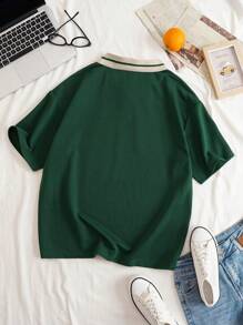 INAWLY Plus Letter Graphic Contrast Collar Polo Shirt, Summer