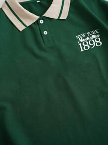 INAWLY Plus Letter Graphic Contrast Collar Polo Shirt, Summer