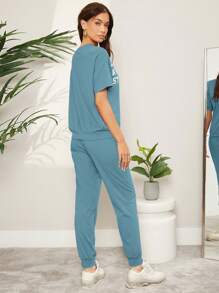 Mulvari 標語圖案T恤和運動褲 - 青碧色 - 查看 2