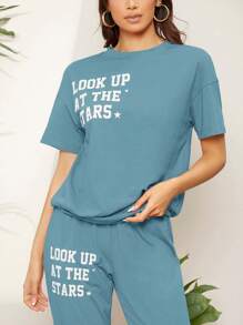 Mulvari 標語圖案T恤和運動褲 - 青碧色 - 查看 5