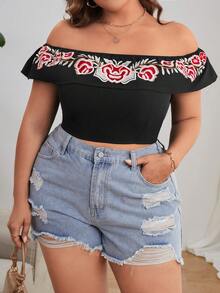 SHEIN Privé Plus Floral Embroidery Off Shoulder Crop Top - Black - View 2